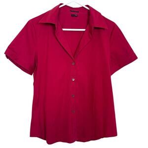 Theory Button Front Stretch Poplin Short Sleeve Blouse Red Collared Shirt Large